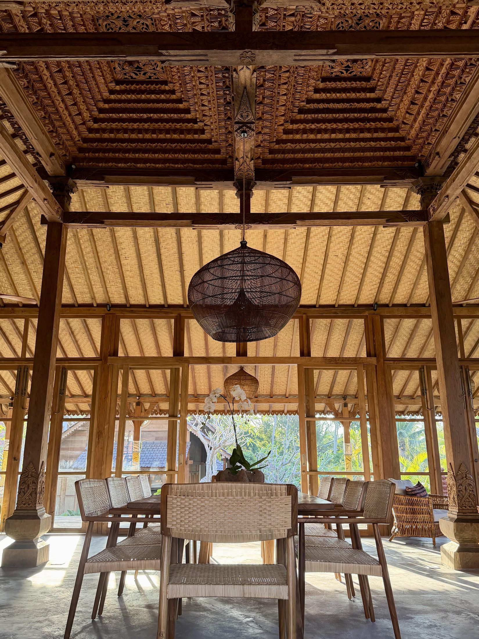 Ornately hand-carved ceiling beams above the dining pavilion